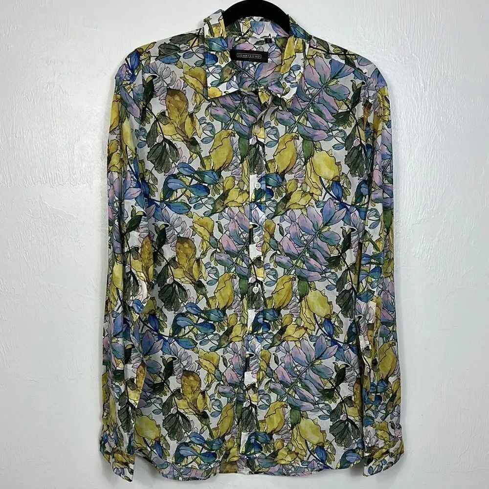 Sonny Bono Men's Vintage Leaf Print Cotton Long Sleeve Button Down Shirt Size XL